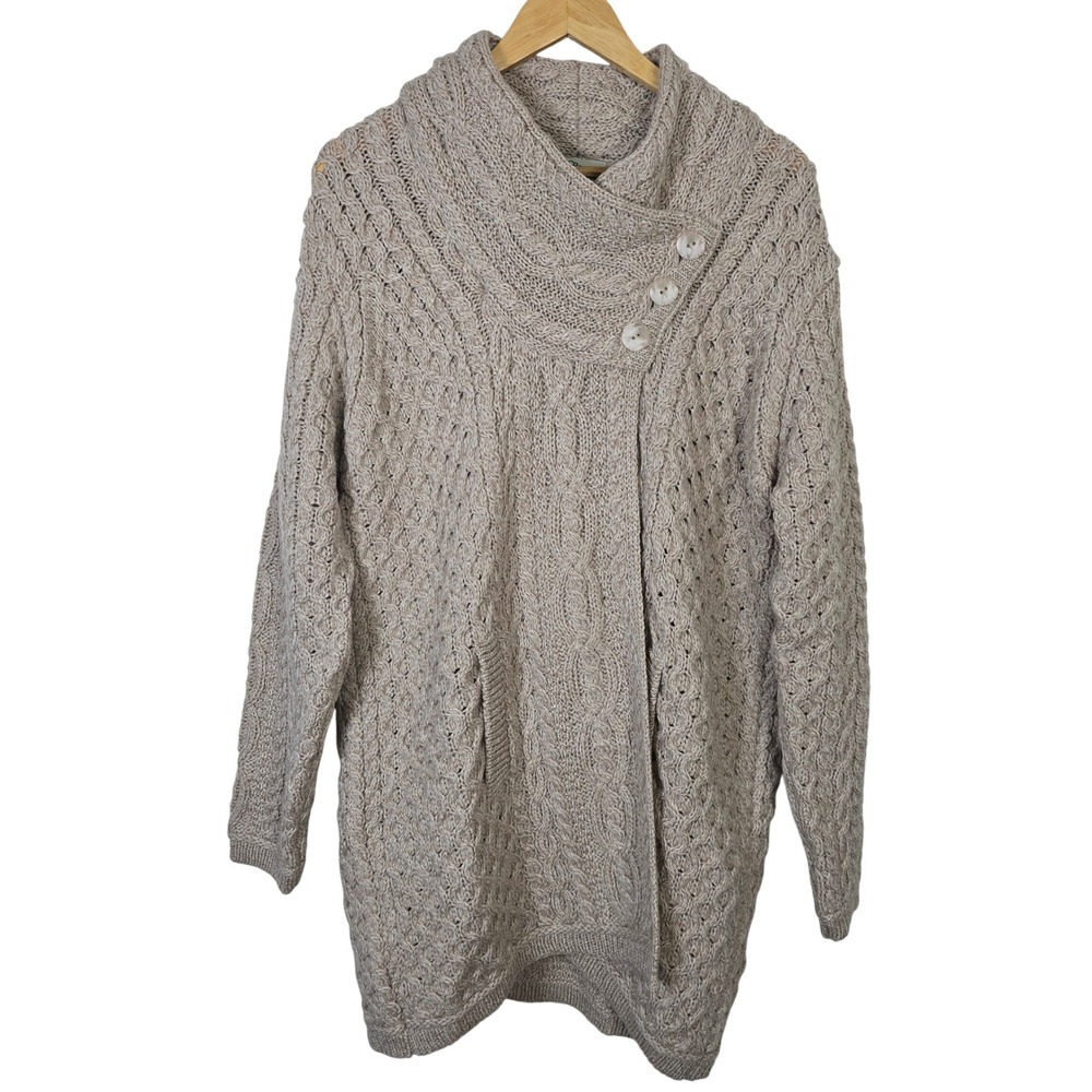 Aran Crafts Ireland 100% Merino Wool Cable Knit Shawl Cardigan Oatmeal XL